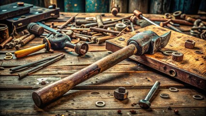 A rusted old hammer lies abandoned on a worn wooden workbench amidst scattered tools and rusty machine parts, evoking a sense of hard labor and dedication.