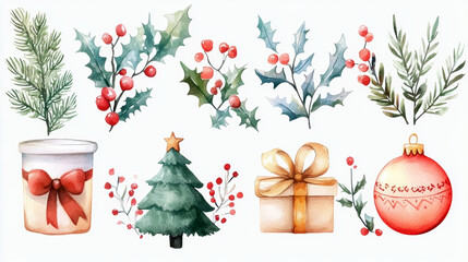 Set of Christmas watercolor elements on white background