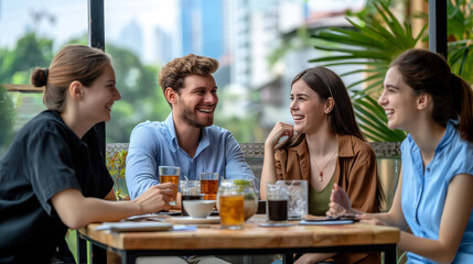 Four friends are gathered around a table at an outdoor pub, smiling and laughing as they enjoy drinks and food. The background shows a cityscape with lush greenery - Generative AI