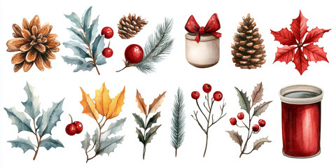 Set of Christmas watercolor elements on white background