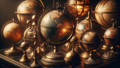 A globe set on a dark surface, surrounded by auto lighting and various glass and metal objects