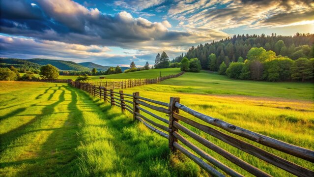A rustic wooden fence marks the boundary of a rolling green meadow, symbolizing protection and ownership of rural land and property rights.