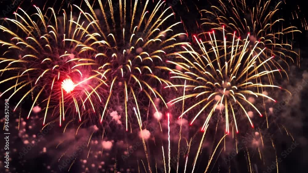 Poster a fireworks display with many different colored fireworks. the fireworks are in the air and are lit 