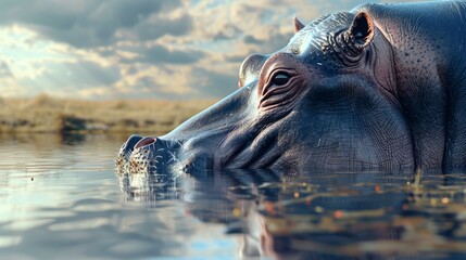 Fototapeta premium Hippopotamus in the foreground with a natural landscape generative ai