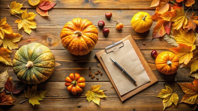 A rustic wooden table holds a few autumnal gourds, pumpkins, and a paper checklist with a pen, surrounded by fall leaves and warm golden lighting.
