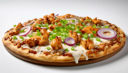 BBQ chicken pizza topped with grilled chicken pieces, red onion slices, green onions, and melted mozzarella cheese, served on a wooden board, isolated on ligh surface, captured from a close-up angle.