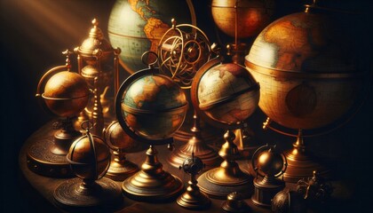 A globe set on a dark surface, surrounded by auto lighting and various glass and metal objects