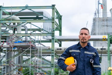 Portrait of Professional male petrochemical engineers working at petroleum oil refinery industry area. Industrial technician worker maintenance inspect manufacturing factory energy power gas system.