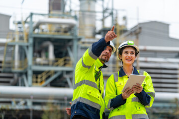 Man and woman petrochemical engineer teamwork meeting discussion at petroleum oil refinery industry...
