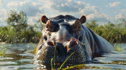 Fototapeta premium Hippopotamus in the foreground with a natural landscape generative ai