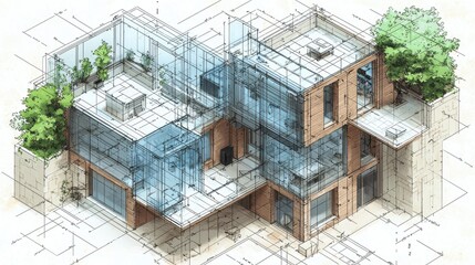 Fototapeta premium Architectural Sketch of Modern Home Design with Glass Walls and Rooftop Terrace