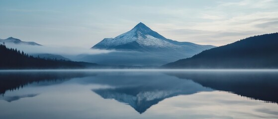 Fototapeta premium Misty Mountain Reflection in Still Lake Water