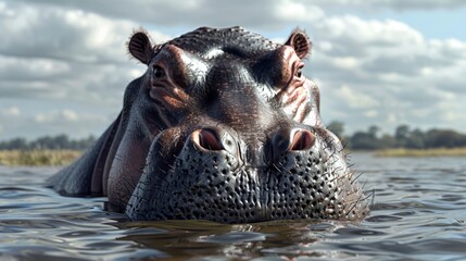 Fototapeta premium Hippopotamus in the foreground with a natural landscape generative ai