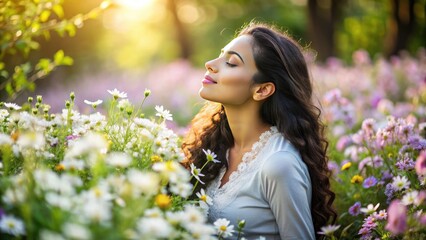 Naklejka premium A serene Hispanic woman sits in nature, surrounded by blooming flowers, closing her eyes, and taking a deep breath, exuding calmness and mental tranquility.