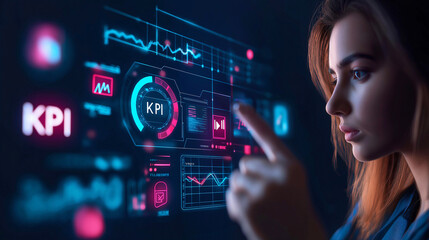 The woman is engaging with an interactive digital display that showcases various performance metrics and analytics, illuminated in neon colors