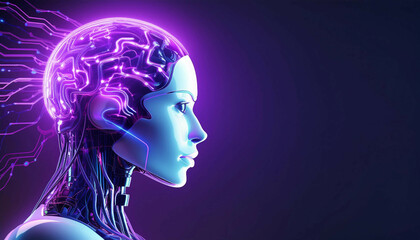 A side view of a humanoid robot with a glowing head displaying neural networks and circuits, highlighted by vibrant blue and purple neon lights, dark backdrop. Copy space on the right