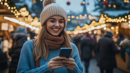 Young woman smiles while using her smartphone at a vibrant winter market filled with festive decorations and lights