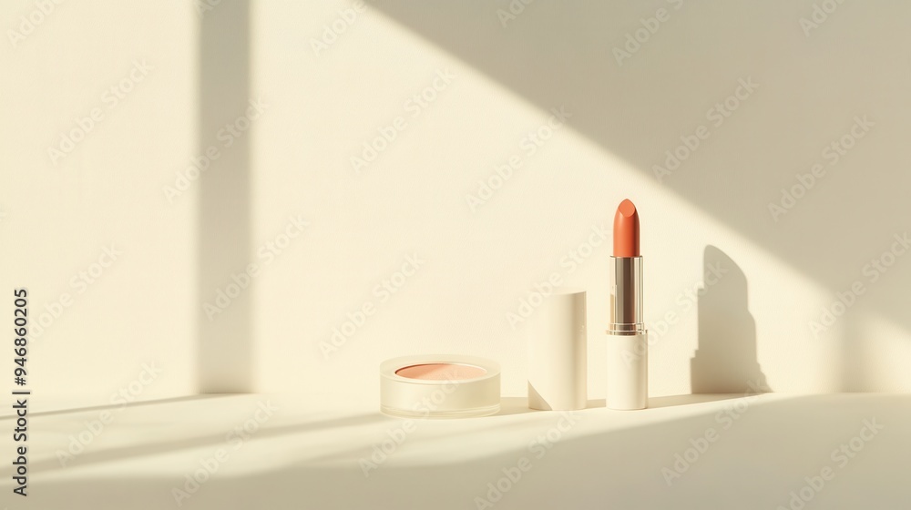 Aufkleber a simple and elegant display of cosmetic products featuring a lipstick and powder compact with makeu