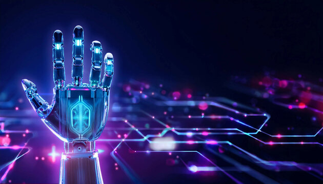 A robotic hand with illuminated fingertips, glowing in blue and purple neon lights, raised upright, surrounded by a digital circuit pattern and light trails, dark background. Copy space on the right