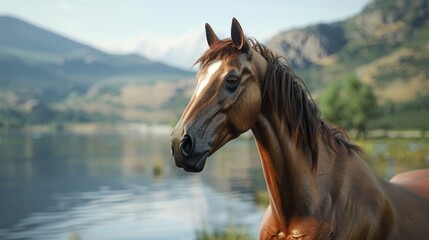Obraz premium Horse closeup with natural landscape generative ai