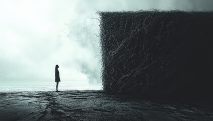 Obraz premium Person on the edge of two sides, one side with tangled threads representing emotional anxiety and complexity, while the other half is clear and straight lines symbolizing clarity in mental health care