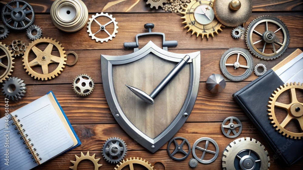 Aufkleber a shield emblem with a checklist and policy documents on a desk, surrounded by clocks and gears, con