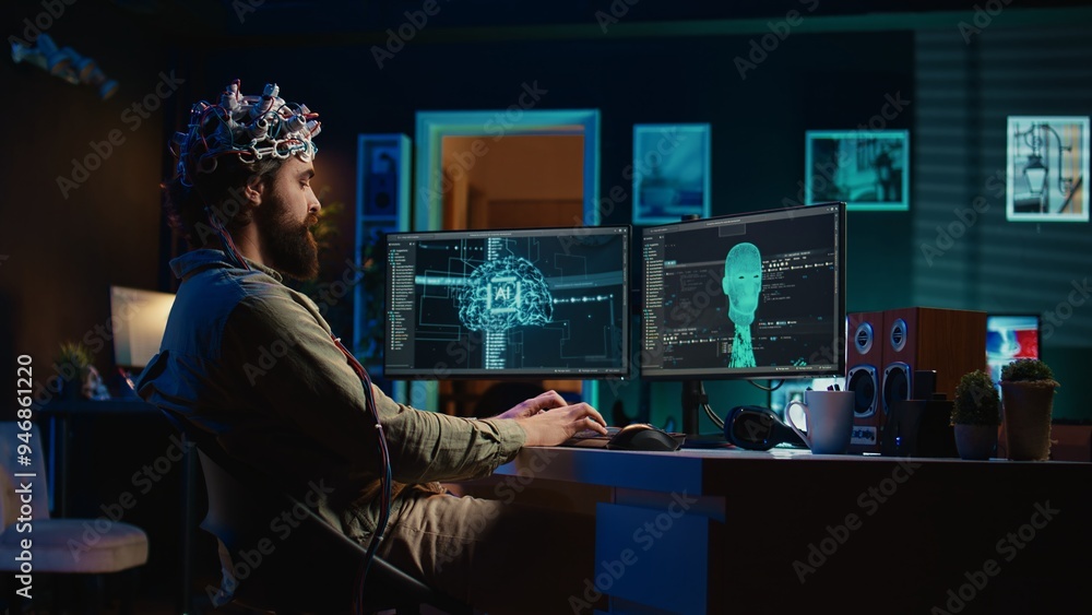 Aufkleber developer with eeg headset on programming brain transfer into computer virtual world, becoming one w