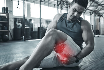 Fototapeta na wymiar Man, gym and thigh pain from fitness injury with overlay, exercise accident and hamstring risk of tendinitis. Athlete, legs and red glow for performance fail, muscle problem and sports emergency