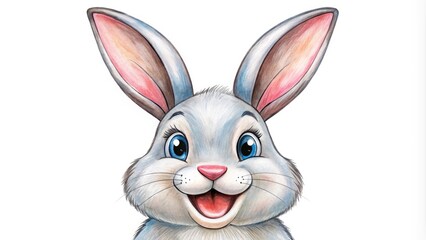 Fototapeta premium A simple, hand-drawn illustration of a happy rabbit with bold lines, bright eyes, and a vibrant smile, set against a clean white background.