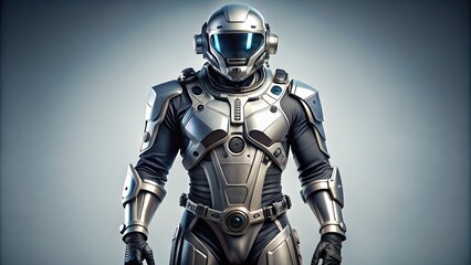 Fototapeta premium A sleek, high-tech, full-body protective suit with a silver and black exoskeleton design, complete with gloves, helmet, and futuristic details, stands isolated on a white background.