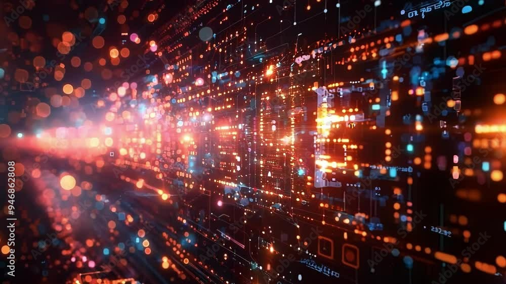 Poster abstract concept of information traveling through a network of connected nodes, creating a futuristi