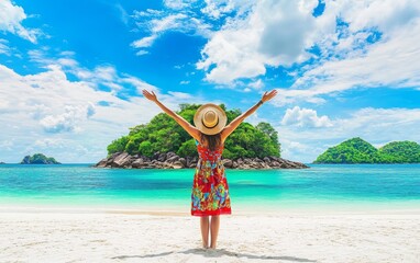Woman in Colorful Dress and Hat Standing on Beach with Arms Raised, Island in Thailand in Background, Turquoise Sea, Blue Sky, White Sand, and Tropical Islands in View