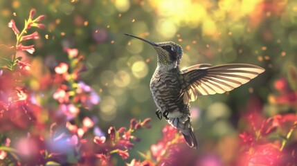 Fototapeta premium Hummingbird closeup with natural landscape generative ai
