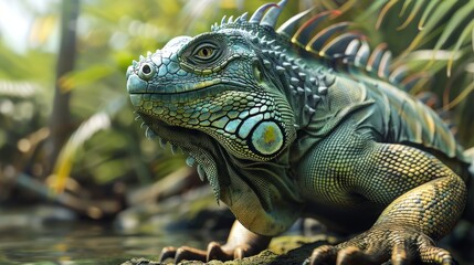 Fototapeta premium Iguana closeup with natural landscape generative ai