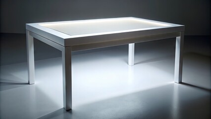 A sleek, modern light table with a white surface reflects brilliant light, casting a subtle glow, creating a clean and minimalist visual atmosphere.