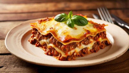 A side view of a lasagna slice featuring layered pasta, meat sauce, and melted cheese, garnished with a fresh basil leaf, served on a white plate on wooden surface.