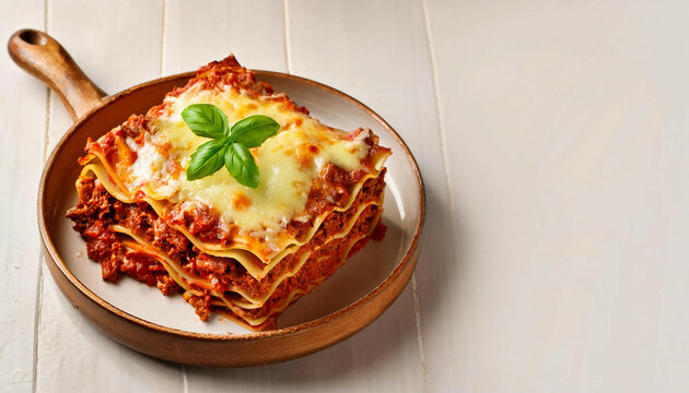 A portion of lasagna served in a round ceramic dish with a handle, featuring layers of pasta, rich meat sauce, melted cheese, and topped with fresh basil leaves, placed on a light wooden surface.
