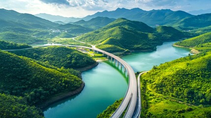 A stunning landscape showing a winding road and a river surrounded by lush green hills. The scenery is serene and breathtaking, perfect for travel and nature enthusiasts. AI