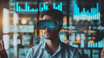 Business professional with augmented reality glasses showing financial graphs and data in a contemporary office setting, highlighting the integration of advanced tech and minimalist decor in business