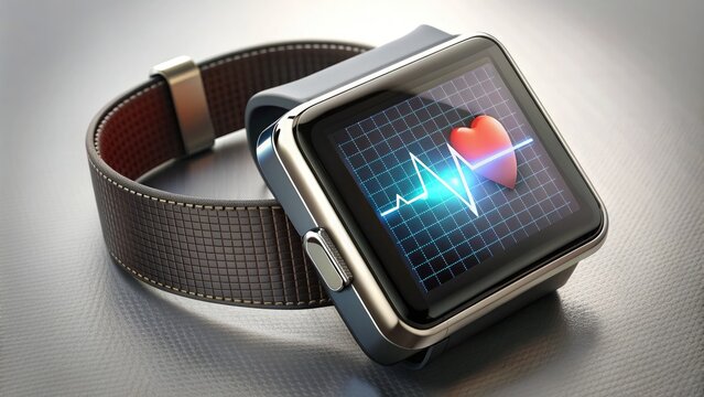 A sleek, modern, wearable device with electrodes and a small screen displays heart rhythm data, symbolizing advanced, portable, wireless electrocardiogram technology and health monitoring.