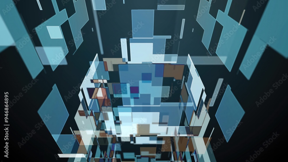 Wall mural exploring a digital tunnel made of vibrant geometric shapes and patterns in a futuristic environment