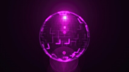 A glowing purple digital sphere with intricate patterns floating against a dark background in a futuristic setting