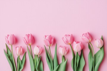 Fototapeta premium Pink Tulips on Pink Background in Flat Lay Top View, Featuring Space for Text, Ideal for Happy Mother’s Day or Women’s Day Celebration, Minimal Style Spring Floral Frame with Copy Space