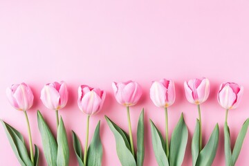 Naklejka premium Pink Tulips on Pink Background in Flat Lay Top View, Featuring Space for Text, Ideal for Happy Mother’s Day or Women’s Day Celebration, Minimal Style Spring Floral Frame with Copy Space