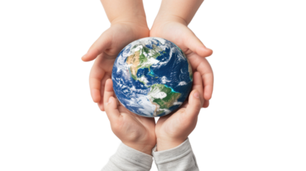 Hands holding a green globe, earth isolated on white background