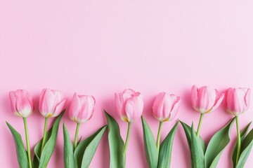 Fototapeta premium Pink Tulips on Pink Background in Flat Lay Top View, Featuring Space for Text, Ideal for Happy Mother’s Day or Women’s Day Celebration, Minimal Style Spring Floral Frame with Copy Space