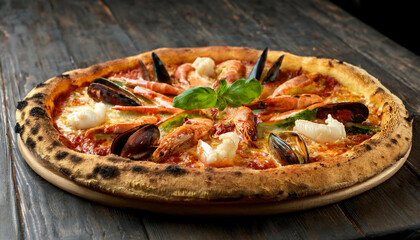 Seafood pizza with shrimp, mussels, and basil, on a golden-brown crust, served on a wooden pizza peel, against a dark wooden backdrop.