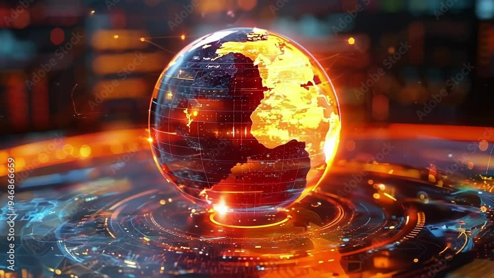 Poster planet earth rotates on holographic interface with glowing lines connecting continents in busy stock