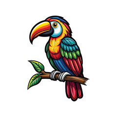 A vector illustration of a vibrant parrot perched on a branch with green leaves.