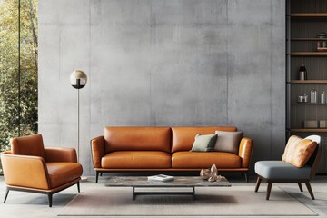 Modern Living Room Interior Design Featuring Gray Concrete Wall, Orange Leather Sofa and Armchair, Coffee Table, and Floor Lamp